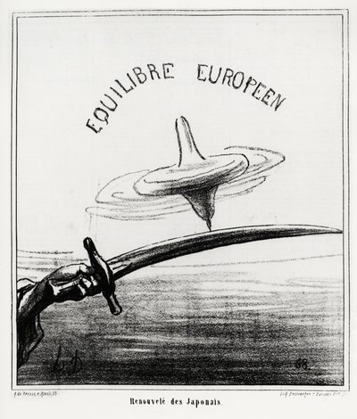 Europeisk balanse: Japansk vekkelse. Like etter gjenopprettingen av det keiserlige regimet i Japan, etter at Tokugawa-shogunaen trakk seg i november 1867. Illustrasjon d