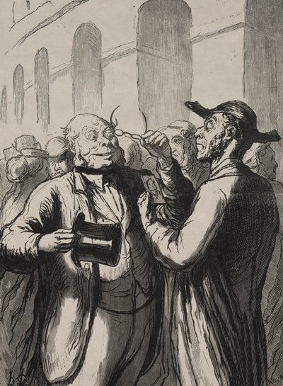 Universell utstilling: Inspeksjonen av fotografier ved turnstiles.... av Honoré Daumier