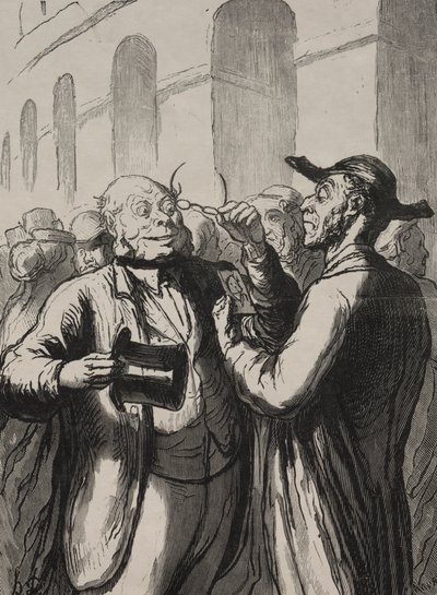 Universell utstilling: Inspeksjon av fotografier ved turnstiles. De skallede må ta av seg hatten og de nærsynte brillene. av Honoré Daumier