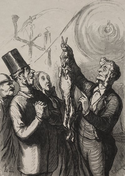 Universell utstilling: om ti minutter har du en gibelotte og en hatt. av Honoré Daumier