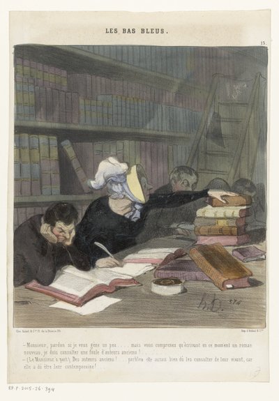 Figurer bak et lesebord i et offentlig bibliotek Les Bas Bleus (serietittel på objekt) av Honoré Daumier