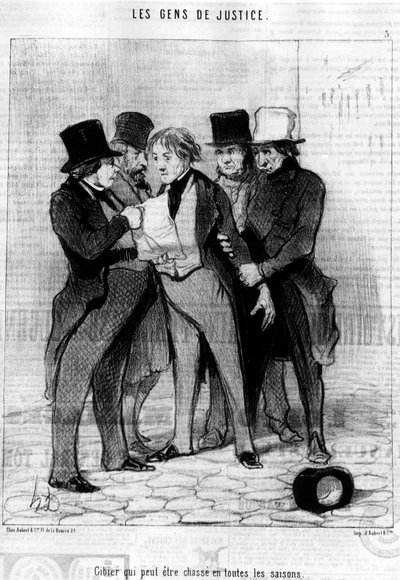 Vilt som kan jaktes på alle årstider, hentet fra «Gens de Justice», serie med tegneserier om Justice av Honore Daumier (1808-1879). “Charivari” av Honoré Daumier