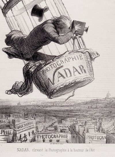 Gaspard Felix Tournachon dit Felix Nadar (1820-1910) løfter fotografiet til kunstens høyde. Litografi basert på tegning på papir. Mål: 29x41cm. av Honoré Daumier