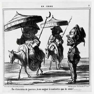 I disse morsomme krigerne tenker de bare på å kjempe mot solen. I serien En Chine, illustrasjon av Honore Daumier (1808-1879), publisert i "" Charivari"", datert 8. januar av Honoré Daumier
