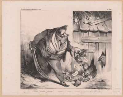 Karikatur av kong Louis Philip I av Frankrike som en banditt Petits! petits! petits! (...) Venez donc dindons! (tittel på objekt) av Honoré Daumier