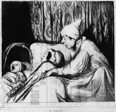 Hørsel: serie om de fem sansene, av Honore Daumier (1808-1879). ""Charivari"" av Honoré Daumier