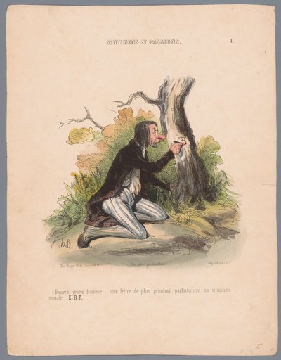 Mann skjærer initialer i trebark Pauvre jeune homme! (...) (tittel på objekt) Lidenskaper og følelser (serietittel) Sentimens et passions (serietittel på objekt) av Honoré Daumier