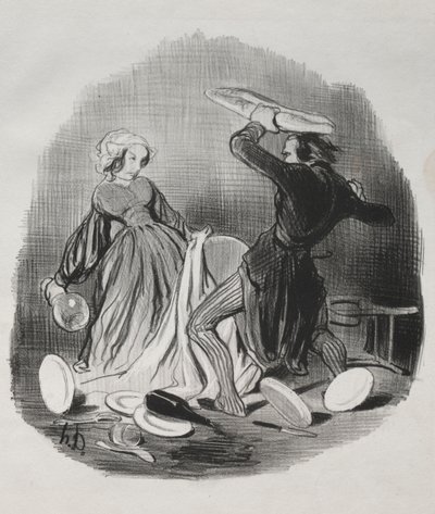 Ekteskapsskikk: Ah! du tror din kone ikke gir nok for deg, villian..., 1841. av Honoré Daumier