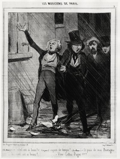 Musikere fra Paris: «Solen er så vakker!... Ekkel tid!... Og så fra Bretagne, himmelen er så vakker!... Vive Loisa Puget» (1810-1889, komponist av romansemusikk). Illustrasjon d