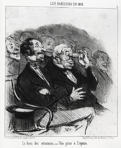 Parisere i 1852: benken til amatører, utsikt tatt på operaen. Illustrasjon d