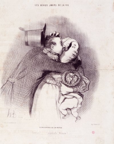 Serien “” The Beautiful Days of Life””: Møte av landet...””. Gravering av Honore DAUMIER (1808-1879). Utdrag fra avisen "" Le Charivari"" 8. september av Honoré Daumier