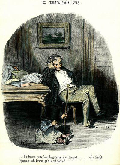 Sosialistiske kvinner Antifeministisk tegneserie som viser en mann som venter med barnet sitt på at kona er savnet i to dager. Litografi av Honore Daumier (1808-1879) Privatsamling fra 1800-tallet av Honoré Daumier