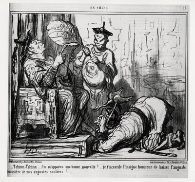 Tchinn Tchinn... Du bringer meg gode nyheter! Jeg gir deg den store ære å kysse det høye støvet av mine høye sko. I serien En Chine, illustrasjon av Honore Daumier (1808-1879), publisert i "" Charivari", datert 7. desember av Honoré Daumier