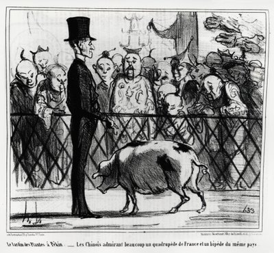 Plantehagen i Pekin: kineserne beundrer en firbein av Frankrike og et pip fra samme land. Illustrasjon av Honore Daumier (1808-1879), publisert i "Charivari", China Actualites av Honoré Daumier