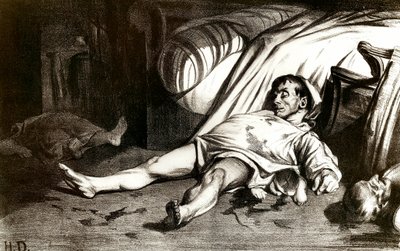 Massakren i Rue Transnonain 14.04.1834: militæret massakrerer innbyggerne i bygningen 12 Rue Transnonain i Paris fengslet den etter døden til en av deres offiserer - Litografi av Honore Daumier (1808-1879) 1837. Privat samling av Honoré Daumier