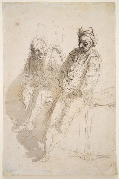 To Saltimbanques, ca. 1865-73 (svart-grå blekk, grå vask på papir) av Honoré Daumier