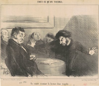 En komité som lytter til lesningen av en tragedie av Honoré Daumier