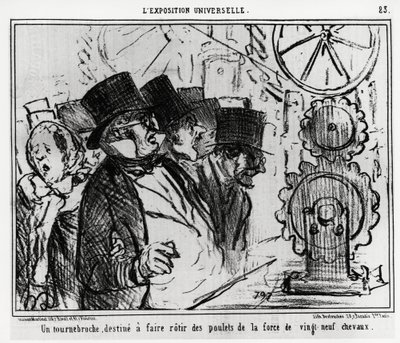 Universell utstilling: en dreieskive designet for å steke kyllinger med styrken til tjueni hester. Illustrasjon av Honore Daumier (1808-1879), publisert i nyhetene, "" Charivari", datert 20. juli 1855. av Honoré Daumier