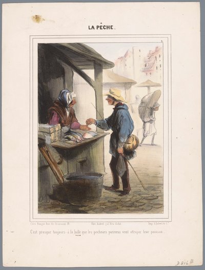 Visser koopt vis in de markthal Det er nesten alltid på markedet (...) (tittel på objekt) Vissers (serietittel) Fiske (serietittel på objekt) av Honoré Daumier