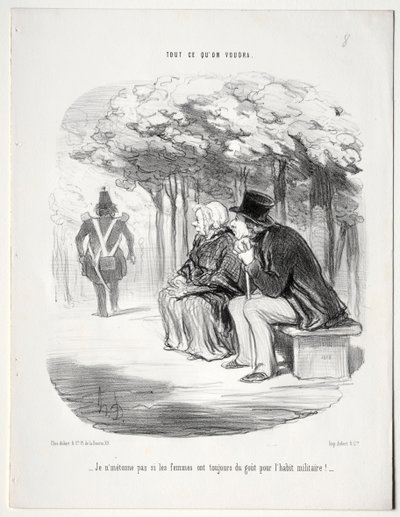 Hva du vil, plate 51: Jeg lurer ikke på at kvinner alltid er glad i militæruniformen, 1848. av Honoré Daumier