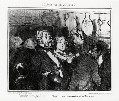 Verdensutstilling: førsteinntrykk: forvirring, kompresjon og kvelning. Illustrasjon av Honore Daumier (1808-1879), publisert i nyhetene, "" Charivari", datert 24. mai 1855. av Honoré Daumier