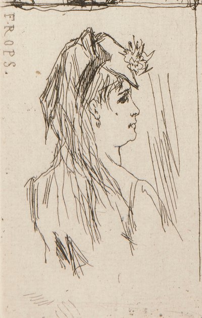 en. Head of an Old Man av Daumier (øverst til venstre); b. Chez Charles Beriot av Taiee (øverst i midten); c. Hodet til en ung kvinne av Rops (øverst til høyre); d. Elvelandskap ved Harpignies (nederst i midten); e. Profil av en ung kvinne av Honoré Daumier