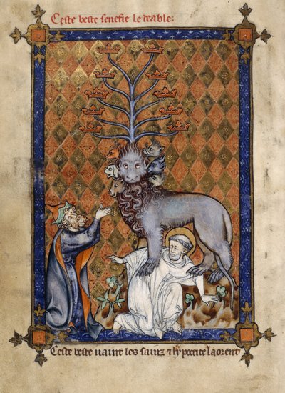 Legge til. 54180, f.14v The Beast of the Apocalypse, tramper en helgen og tilbedt av en knelende hykler, illustrasjon fra 'La Somme le Roy' av Frère Laurent (blekk, farge og gull på vellum) av Honoré Maître