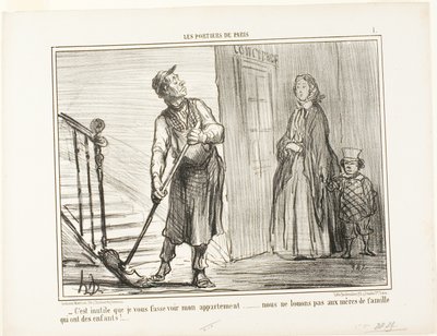 «– Det er nytteløst å vise deg leiligheten min. Vi leier ikke ut til mødre med barn», plate 1 fra Les Portiers De Paris av Honoré Victorin Daumier
