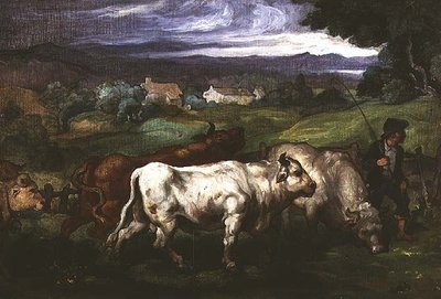 Storfe og en drover i et landskap av Honore (circle of) Daumier