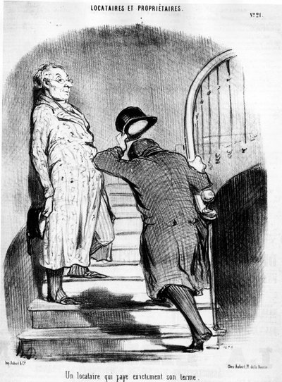 En leietaker som betaler nøyaktig sin termin, hentet fra "" Tenants et Owners"", tegneserieserie av Honore Daumier (1808-1879). “Charivari” av Honoré Daumier