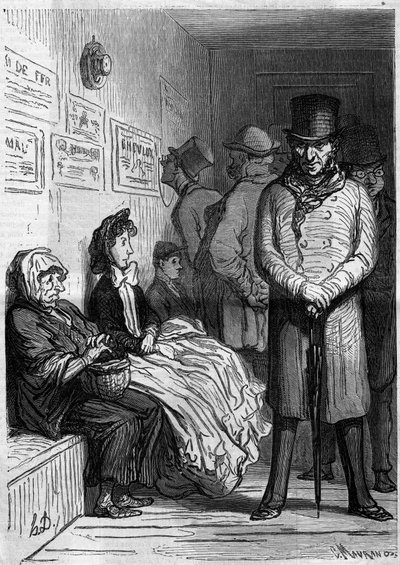 En omnibus ventepult. Tegneserie av Honore Daumier (1808-1879). Gravering i "" Le Monde Illustré"" nr. 257 av 15. mars 1862. av Honoré Daumier