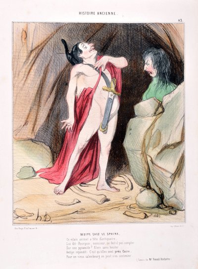 Kunstverk av Honore Daumier (1808-1879). Oldtidshistorie Ødipus i sfinksen. BIBLIOTEKET I ALCAZAR, MARSEILLE av Honoré Daumier
