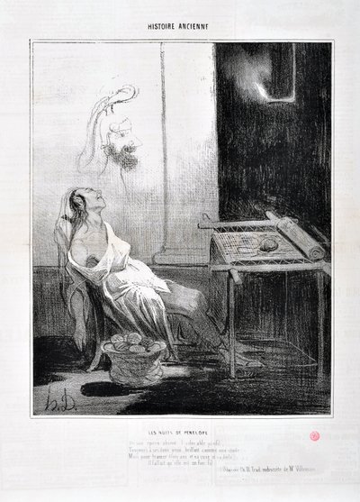 Kunstverk av Honore Daumier (1808-1879) Charivari stammer fra 1842: Serie HISTORIE ANCIE Les Nuits de Penelope “” Fra hennes fraværende søte profil, skinnet Forever med hennes søte øyne som en stjerne Hensikt å veve tre år og hennes list og hans nett Han av Honoré Daumier