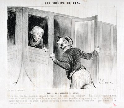 Kunstverk av Honore Daumier (1808-1879). Charivari stammer fra 1843: Serie LES RAILWAYS Faren for å sovne på en reise “” -Våkn opp Sir og gå av bilen! – Hvor kjører vi? - Men Rouen parbleu! – I Rouen og jeg som bare ville til Poiss av Honoré Daumier