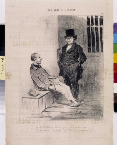 Kunstverk av Honore Daumier (1808-1879). Charivari stammer fra 1845: Serie LES PEANS DE JUSTICE. "" Det som overrasker meg er at jeg er anklaget for 12 ran! - Det er tolv... mye bedre... Jeg vil påberope monomanien"""-utdrag fra avisen Le"" Charivari av Honoré Daumier