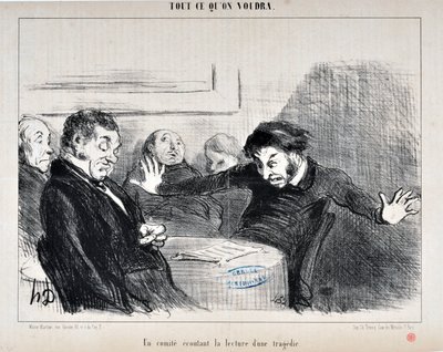Kunstverk av Honore Daumier (1808-1879). Charivari er fra 1852: Serie ALL CE QU'ON VILUA "" -En komité som lytter til lesningen av en tragedie"" MUSEE DES BEAUX ARTS - PALAIS LONGCHAMP, MARSEILLE av Honoré Daumier
