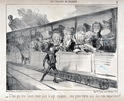 Kunstverk av Honore Daumier (1808-1879). Charivari stammer fra 1852: Serie LES TRAINS DE PLEASURE - Du må få plass til syv passasjerer... du er for komfortabel i kupeen din! KUNSTMUSEUM - PALACE LONGCHAMP, MARSEILLE av Honoré Daumier