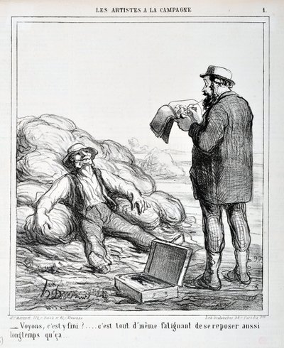 Kunstverk av Honore Daumier (1808-1879). Charivari stammer fra 1865: Serie LES ARTISTS IN THE CAMPAGNE "" - La oss se, er det over?... Det er fortsatt slitsomt å hvile så lenge det..." KUNSTMUSEUM - PALACE LONGCHAMP, MARSEILLE av Honoré Daumier