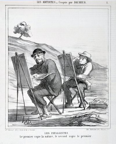 Kunstverk av Honore Daumier (1808-1879). Charivari er fra 1865: Serie LES ARTISTS Les paysagistes. "Den første kopierer naturen, den andre kopierer den første"" MUSEUM FOR BEAUTY ARTS - PALAIS LONGCHAMP, MARSEILLE av Honoré Daumier