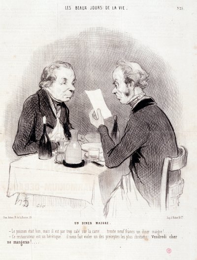 Tegneserie om kjære liv. Serien "" The Beautiful Days of Life"": En mager middag..." Gravering av Honore DAUMIER (1808-1879). Utdrag fra avisen "" Le Charivari"" 18. oktober av Honoré Daumier