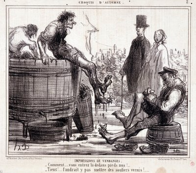 Tegneserie om hogstmaskiner som tråkker på barbeinte druer, fra serien "Autumn Sketch" av Honoré Daumier