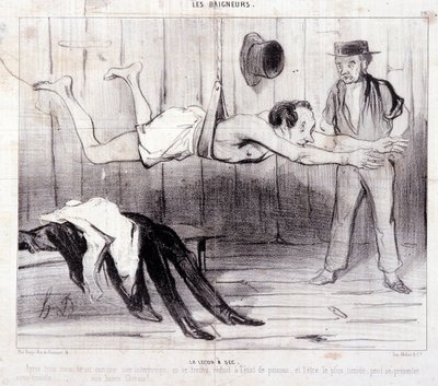 Tegneserie om turister på ferie. Serien "" Les Baigneurs"": "" La lecon a dry""". Serien "" Les Baigneurs"": "" La lecon a dry""". Gravering av Honore DAUMIER (1808-1879). Utdrag fra avisen "" Le Charivari"". Dim 25x36cm boks 12 Marseille, Musee av Honoré Daumier