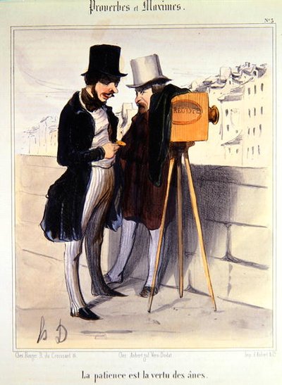 Tegneserie som latterliggjør hvor lang tid som er nødvendig for å ta et daguerrotypi-bilde, ca. 1840 (litho i farger) av Honoré Daumier