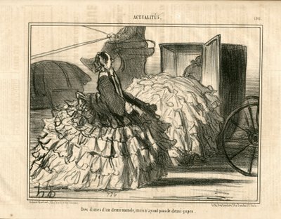 Le Charivari, satirisk i B&B, ca. 1855_5_11: Nyheter n* 190. Damer av en demi-monde, men ikke skjørt. - Mote, transport, crinolines - illustrasjon for kvinner av Honore Daumier (1808-1879) av Honoré Daumier