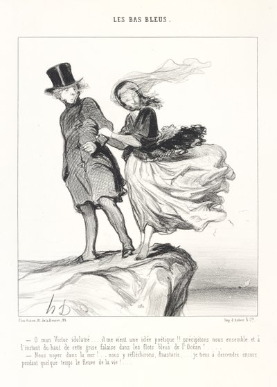 Å, min forgudede Victor ... Jeg får en poetisk idé!! La oss kaste oss sammen og straks fra toppen av denne grå klippen ned i havets blå bølger! ... Drukne oss i havet! ... Vi skal tenke over det, Anastasie, ... jeg insisterer på å gå lenger ned av Honoré Daumier