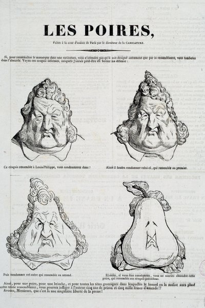 Pærer: Karikatur som representerer en metamorfose av Louis Philippes ansikt i pære. Tegning av Honore Daumier (1808-1879) etter originaltegningen av Charles Philippon (1806-1862) "" La Caricature"", januar 1832 Paris, Musee Carnavalet av Honoré Daumier
