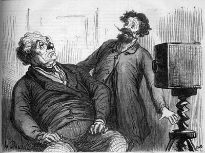 Fotografer og fotografier. Tegneserie av Honore Daumier (1808-1879). Gravering i "" Le Monde Illustré"" n¡259 av 29. mars 1862. av Honoré Daumier