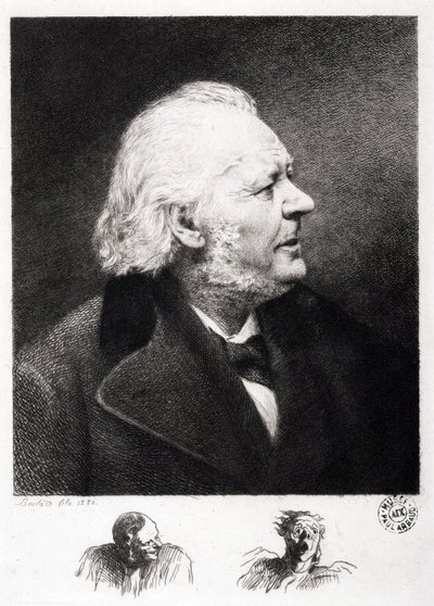Portrett av Honore Daumier (1808-1879), fransk gravør, maler og skulptør. Gravering av sønn Boulard av Honoré Daumier