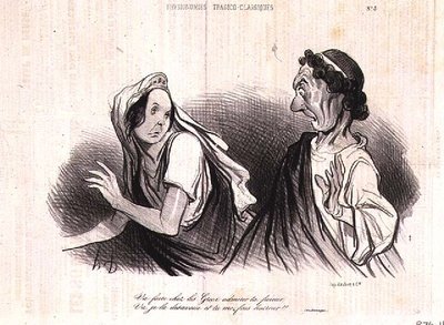 Fysiognomi av karakterene til klassisk tragedie; "Gå, få grekerne til å beundre din stolthet. Gå, jeg fornekter den og du gjør meg syk" fra magasinet Charivari, utgitt av Aubert & Co., ca. 1832-60 (litho) av Honoré Daumier