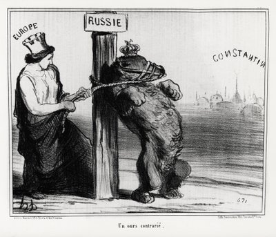 Russland: en bjørn opprørt (av Europa). I mars 1854 dannet Frankrike og England en allianse med Tyrkia mot Russland Illustrasjon av Honore Daumier (1808-1879), publisert i nyhetene "Charivari" av Honoré Daumier